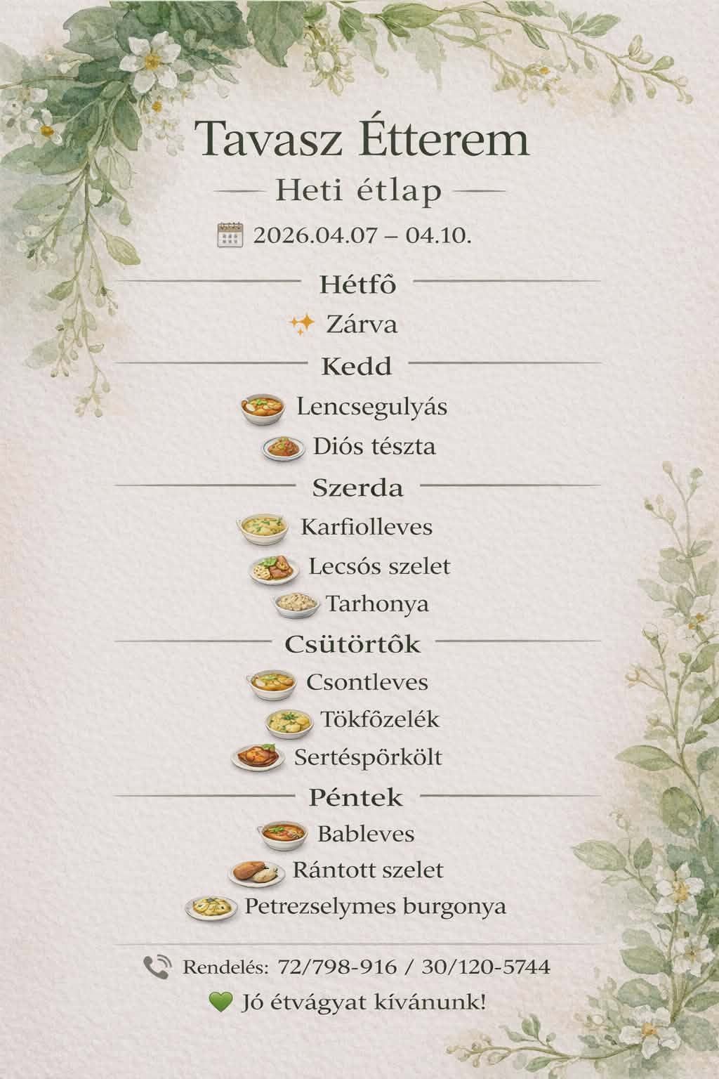 Heti menü — 2026. április 7. hete