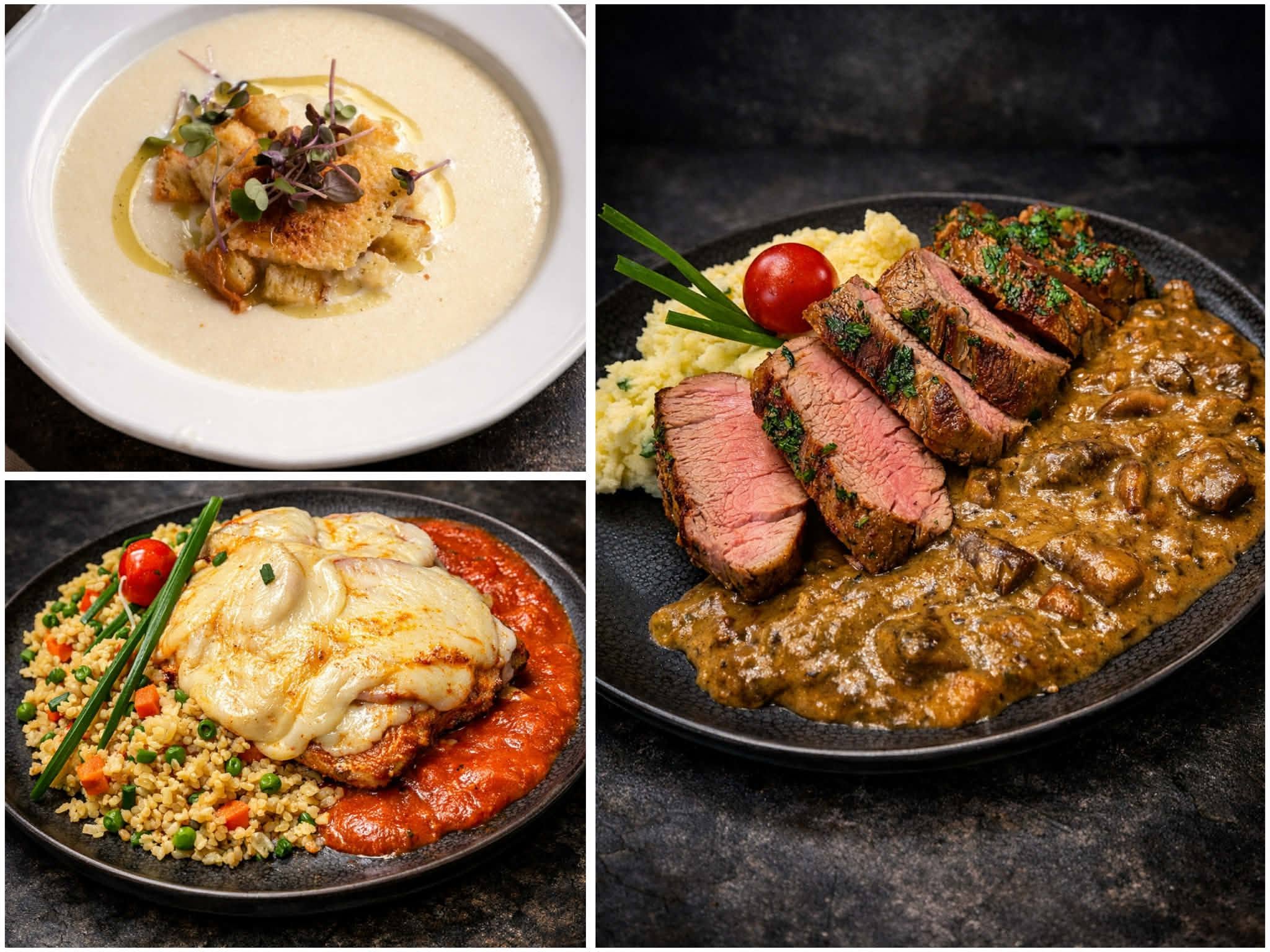 Collage of fish, beef and chicken dishes