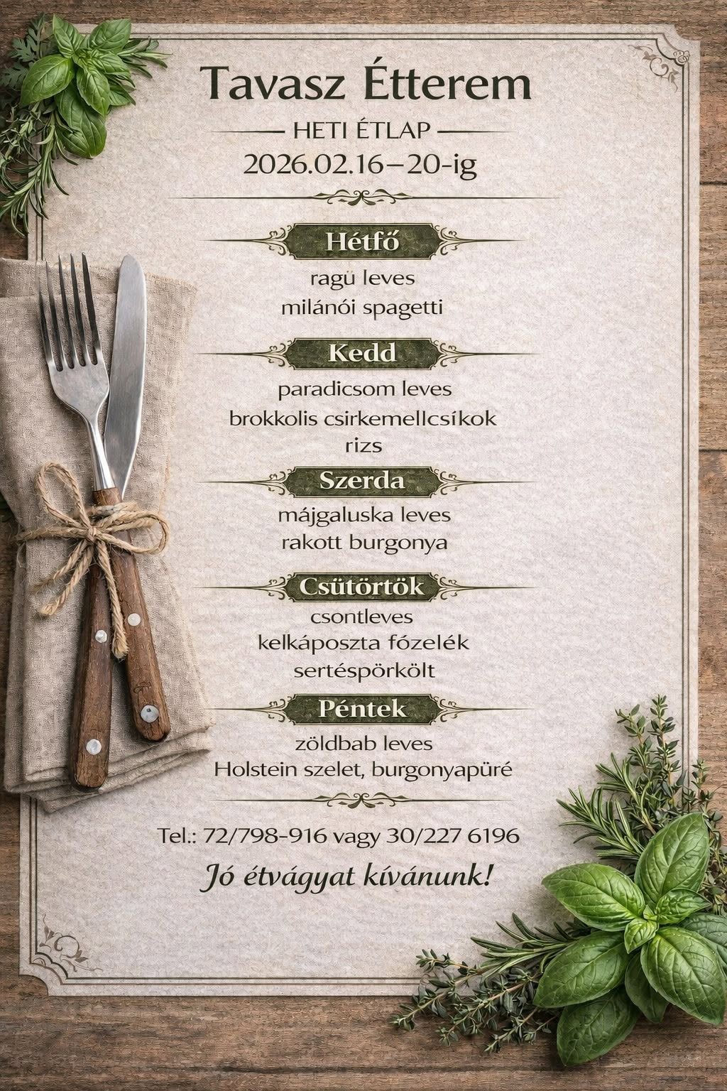 Heti menü — 2026. február 16. hete